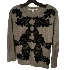 Diane Von Furstenberg women’s gray pullover sweater w/ lace overlay sz M